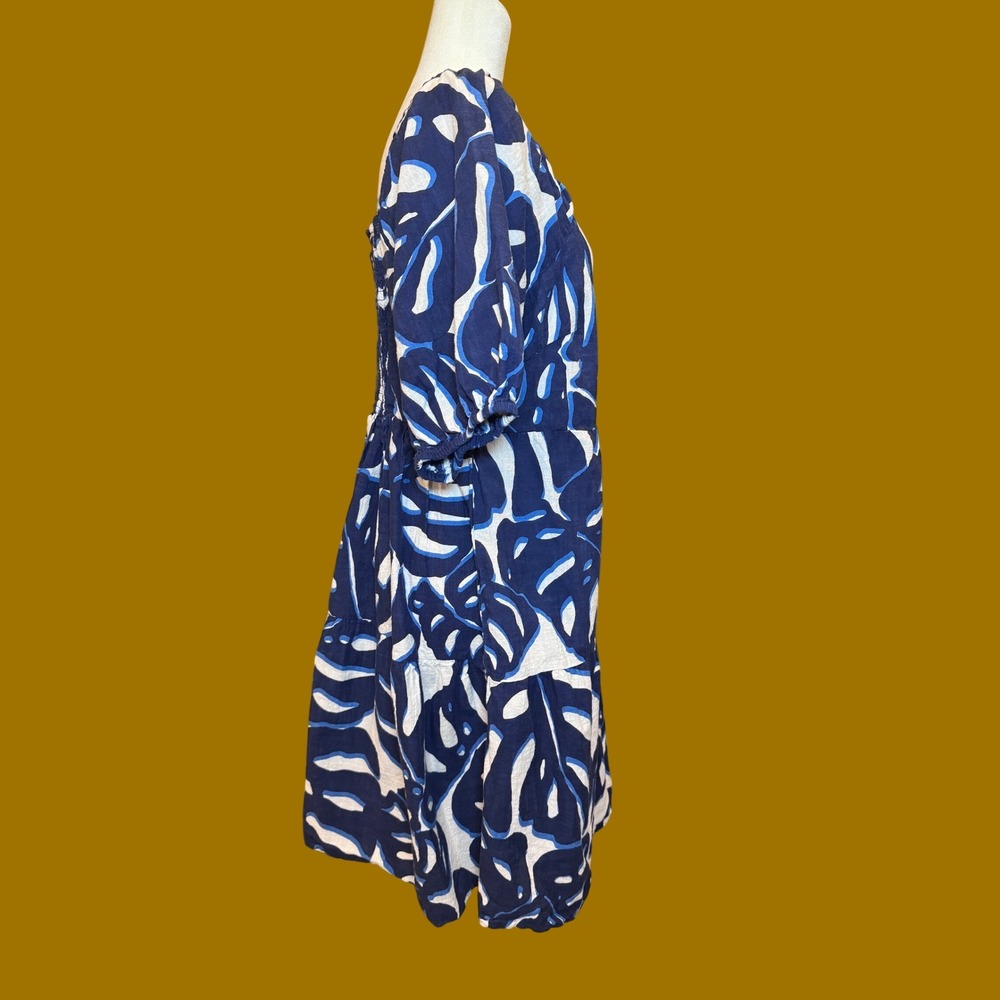 MLLE GABRIELLE Tropical Monstera Print Tiered Dress 1X Blue White Puff Sleeve
